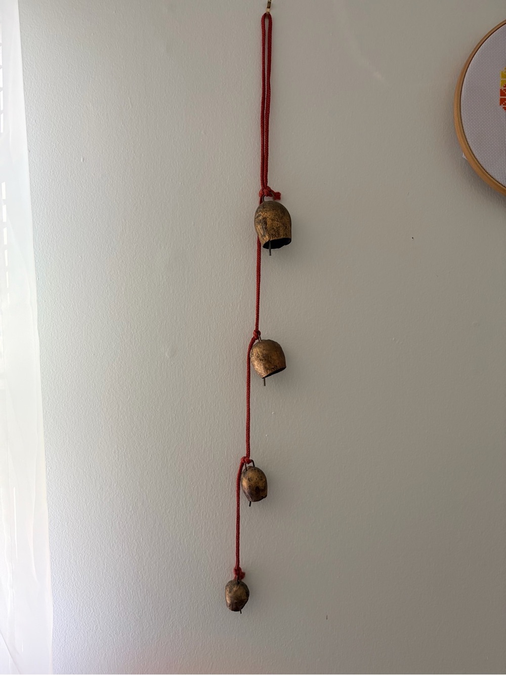 Tibetan Hanging Bells Set of 4 Brass Tone Red Cord Boho Decor